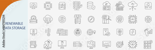 “renewable data storage icon set, minimal vector design for sustainable computing and green tech systems”