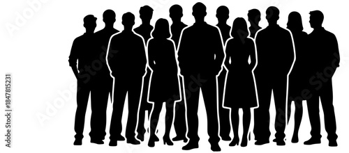 A line of diverse silhouettes stands together in unity, symbolizing teamwork, community, and collaboration. Suitable for business, education, and social themes focused