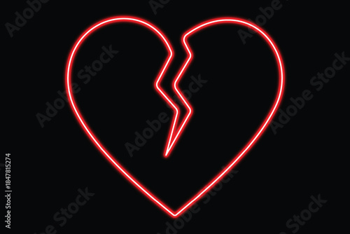 The symbol of a shattered heart glowing with a bright red neon light on a dark backdrop