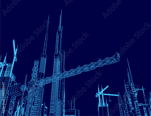 A futuristic city blueprint with construction cranes and building contours is set against a dark blue backdrop.