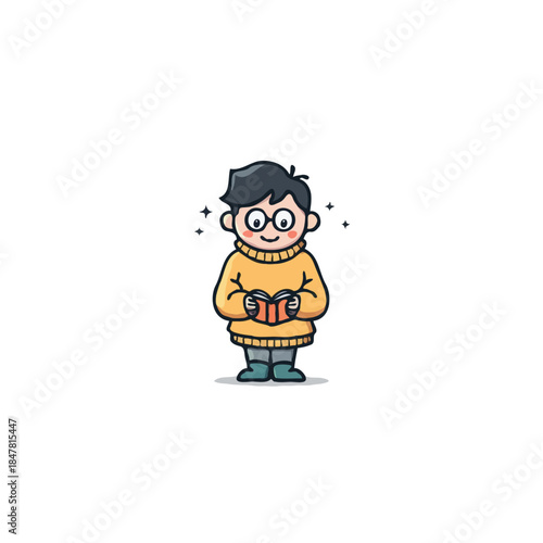 Enthusiastic young reader engrossed in an captivating story shown by illustration with glasses and