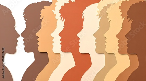  digital illustration featuring a row of seven human silhouettes in various skin tones, all facing left, showcasing diversity and unity.