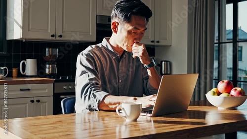 Asian man focused while typing on a laptop, working remotely from his modern kitchen, bathed in natural sunlight, with a bowl of fruit and a coffee cup on the wooden table
