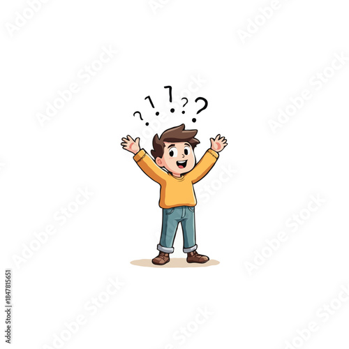 Illustrative depiction of a young boy facing dilemmas with numerous questions and exclamations