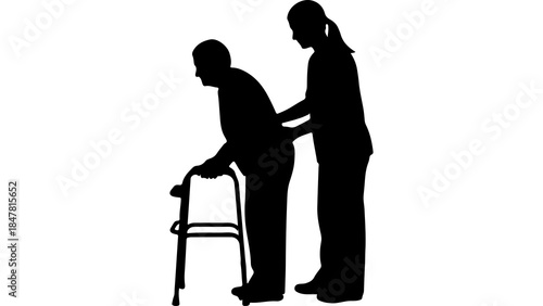 Elderly man with walker assisted by caregiver with transparent background