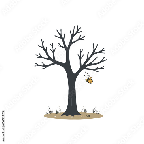 Isolated bare tree with minimal leaves and hovering insect against a white backdrop for children