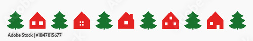 Cute red houses and Christmas trees holiday border. Vector illustration