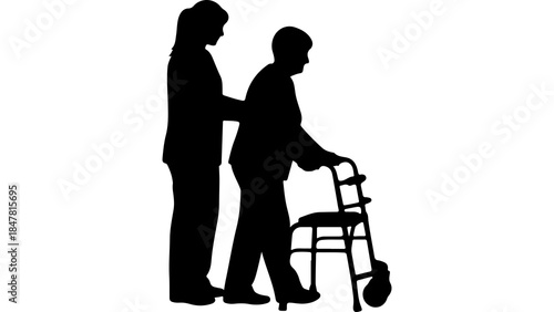 Caregiver assisting senior woman with walker with transparent background