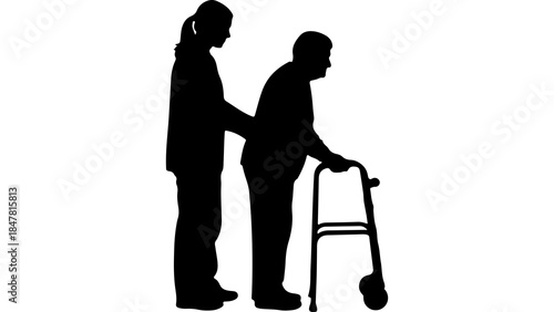Caregiver assisting senior man with walker with transparent background
