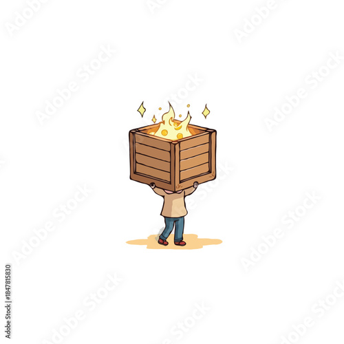 Mysterious box of fire carried with unseen face concept, imaginative illustration with glowing
