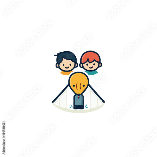 Smiling children with lightbulb illuminating innovative idea concept and cooperative discovery and