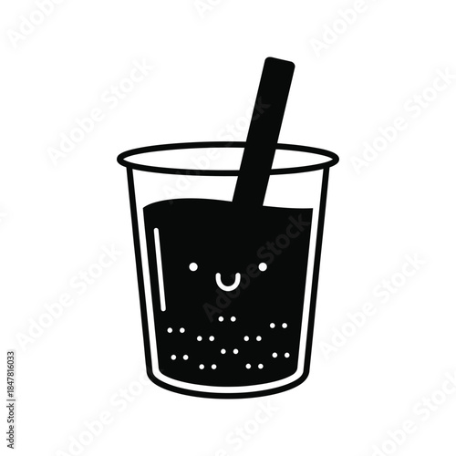 Cute cartoon bubble tea with smiling face and straw