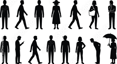 People silhouettes set showing men and women walking, standing, carrying bags and umbrellas, human figures collection isolated on white background