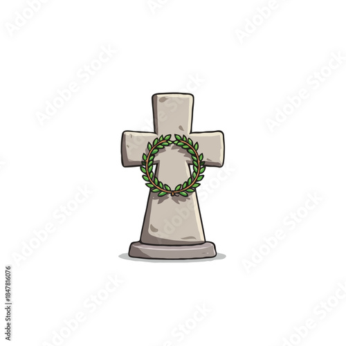 Solemn memorial tombstone adorned with verdant wreath a symbol of remembrance and enduring legacy