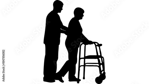 Elderly man assisted by caregiver with transparent background