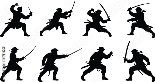 Pirate sword fighting silhouettes, dynamic action poses, cutlass combat stances, historical pirate theme, flat vector illustration, cad drawing, stock asset