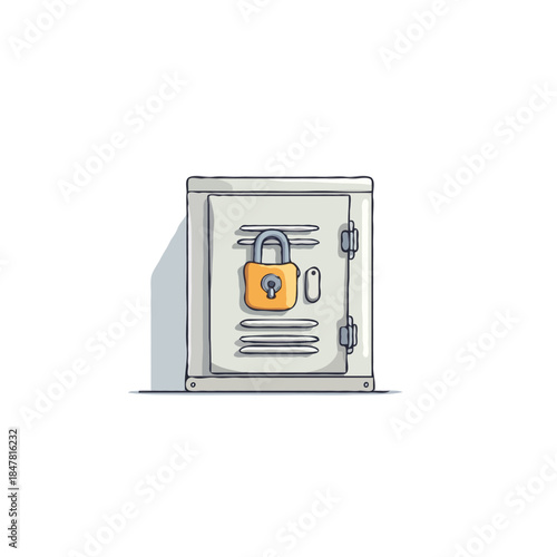 Stylized metallic cabinet with an orange padlock illustrating safety and security mechanism in