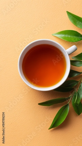 Wallpaper Mural A bright cup of hot tea displayed on a yellow background with a few green leaves for a clean and modern appearance Torontodigital.ca