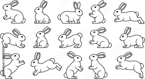 Collection of fifteen cartoon outline rabbits in various poses and actions Keywords: rabbit, bunny, hare, animal, pet, cute