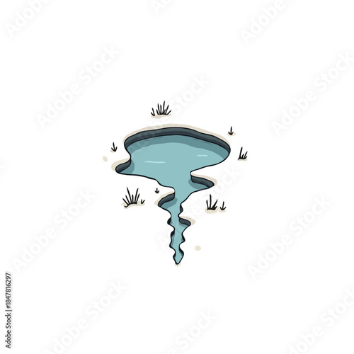 Surreal aerial view of a cartoon sinkhole filled with water illustrating erosion and geological