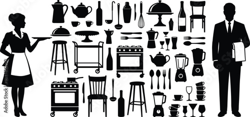 Restaurant Kitchen Silhouettes Set Featuring Chef, Waiter, Cooking Utensils, Furniture and Tableware Isolated on White Background for Hospitality Design Illustration