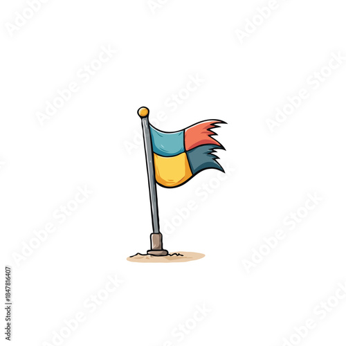 Whimsical cartoon flag flapping with tattered edges symbolizes resilience and colorful spirit of