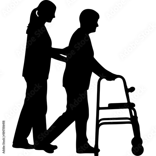 Caregiver assisting senior with walker with transparent background