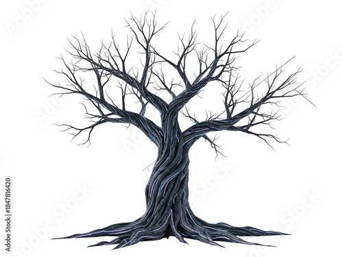 Mystical Bare Tree with Shimmering Lights on White on white background