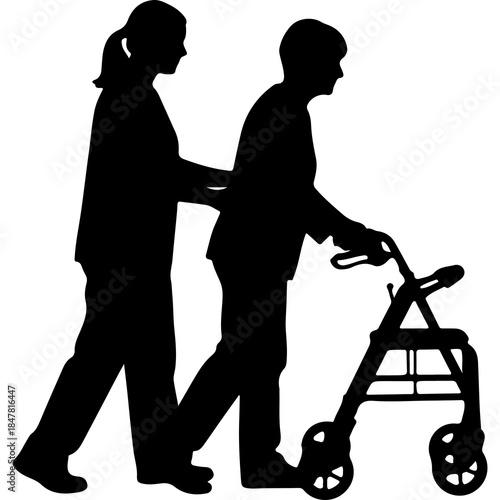 Caregiver assisting senior woman with walker with transparent background