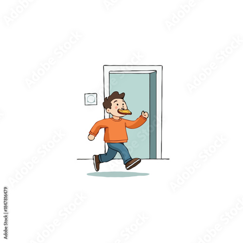 Whimsical illustration of a character dashing through doorway, with an unusual nose adding a