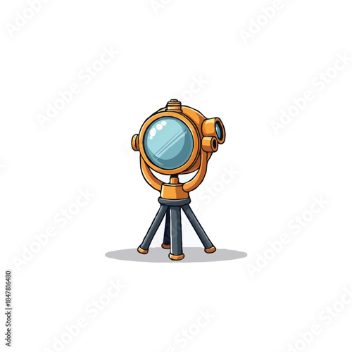 Whimsical illustration of a brass-toned observation device with circular lens and tripod stand