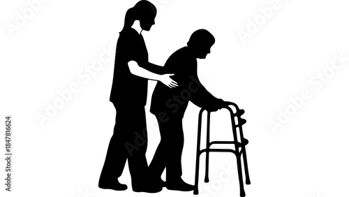 Caregiver assisting senior woman with walker with transparent background