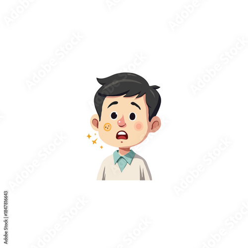 Worried boy with facial rash, cartoon style illustration depicting pediatric skin condition and
