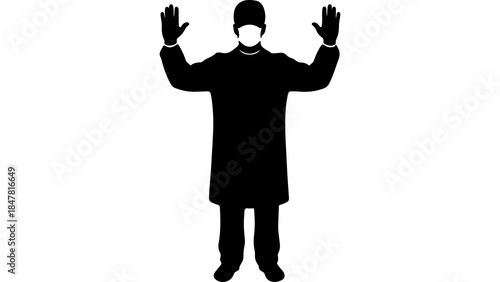Person in coat with hands raised with transparent background