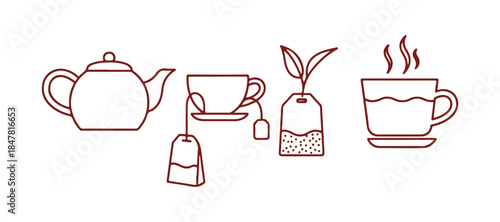 A group of linear icons illustrating tea-making items, displayed on a transparent background. This collection contains symbols such as a teapot, cup, tea leaf, tea bag, and hot water.