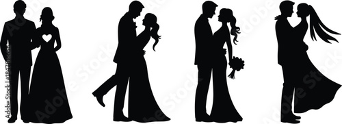 Romantic couple silhouette, wedding pose vector, love embrace icon, bouquet holding graphic, formal attire romance, cad drawing flat vector illustration