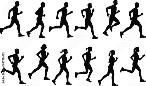 Running, silhouette, athlete, male, female, motion, pose, sprint, jog, black, icon, vector, flat, dynamic, sport, fitness, exercise, movement, illustration, cad drawing flat vector illustration