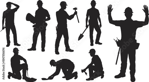 Construction Workers Silhouettes Performing Various Tasks on White Background Keywords: construction worker, silhouette, man