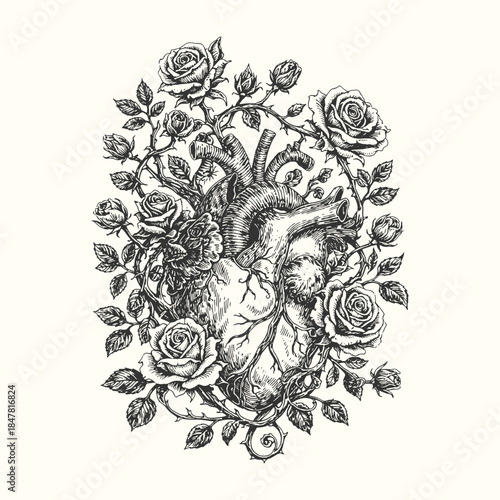 Hand Drawn Anatomical Heart with Rose Vine Illustration Vector in Vintage Engraving Style, Black and White Romantic Botanical Art