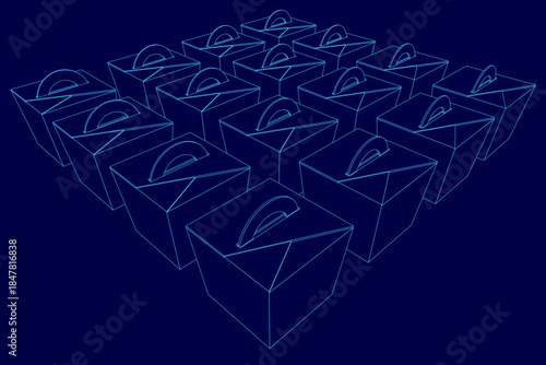 A set of white food containers with clean contours arranged in an overlapping pattern on a solid blue background.