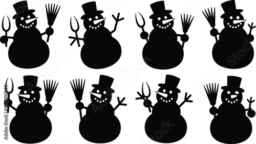 Eight Black Silhouette Snowmen with Top Hats and Accessories on White Keywords: snowman, snowmen, silhouette, black, white