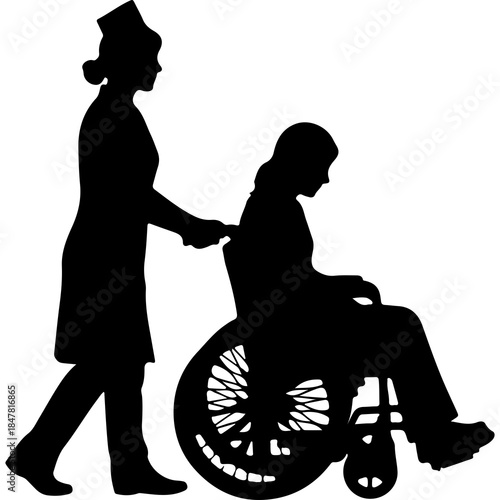Nurse assisting patient in wheelchair with transparent background