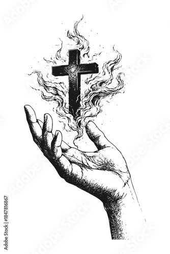 Hand Drawn Hand Holding Cross Illustration Vector in Vintage Engraving Style, Black and White Christian Faith Symbol Art