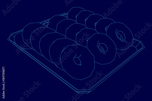 A set of donuts arranged neatly in a tray on a blue background. The 3D model features a clean contour and a freshly-baked appearance.