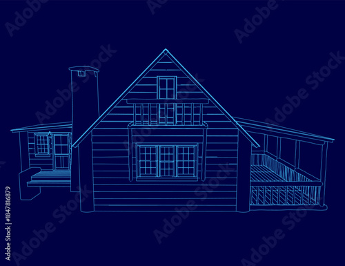 A detailed architectural blueprint of a log cabin, featuring precise contour lines and structural layout on a solid blue background.