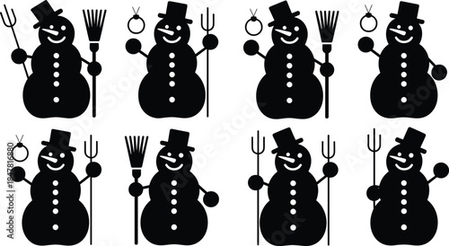 Eight black silhouette snowmen with hats brooms and pitchforks on white Keywords: snowman, snow, winter, holiday, Christmas
