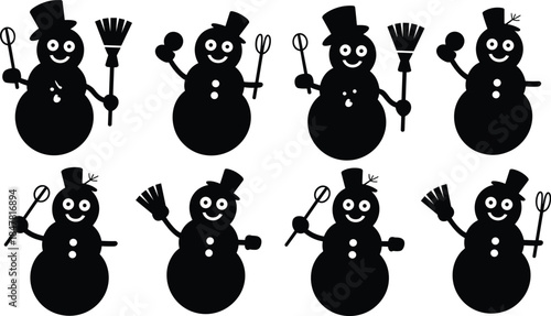 Eight black silhouette snowmen with top hats and brooms on white background snowman winter