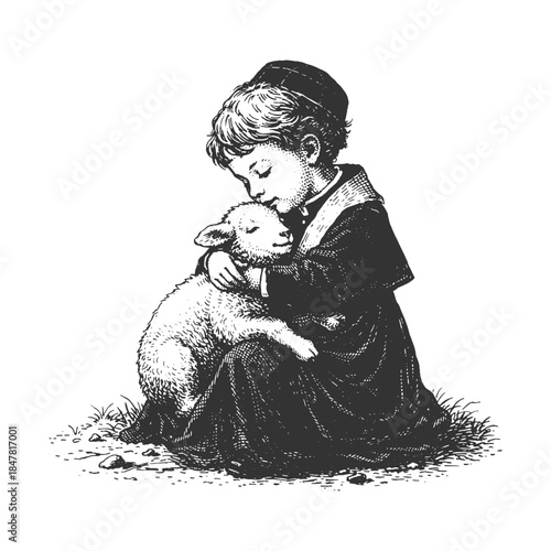 Hand Drawn Child and Lamb Illustration Vector in Vintage Engraving Style, Black and White Innocence and Compassion Scene