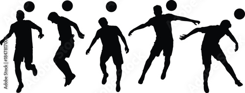 Five black silhouette soccer players heading a ball on a white background football sport