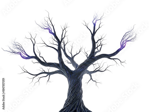 Abstract Dark Tree with Purple Highlights on White Background on white background